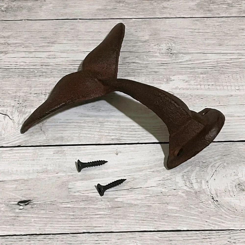 Cast Iron Whale Tail Wall Hook Rustic Brown Nautical Fluke Coat Towel Hanger 5in